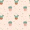 Seamless pattern of cacti. Repeating background with cactus in pots and polka dots. Pattern in earthy and natural colors