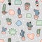 Seamless pattern with cacti and speech bubbles with different words. Cute home plants. Flat cartoon vector in light