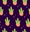 Seamless pattern with cactus in a flowerpot and geometric shape on black background. Succulent in doodle style. Ornament for texti