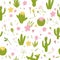 Seamless pattern with cactus, pink lilies, yellow flowers, branches, leaves.