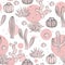 Seamless pattern with cactus. Wild cactus forest with doodle circles. Stylish pink, black, and white palette. Vector