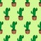 Seamless pattern with cactuses in pots on green board. Hand drawn doodle illustration