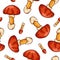 Seamless pattern with Caesars mushrooms in cartoon line art style. For wrapping paper, wallpaper, textiles, background