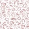 Seamless pattern with cafeteria brown elements. Repetitive background with coffee beans, beverage, cold frappe and chocolate chips