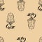 Seamless pattern with Cairo label with hand drawn Sphinx, lettering Cairo on beige background