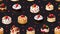 Seamless pattern with cakes with berries on black background. Vector illustration