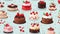 Seamless pattern with cakes and cherries on light blue background