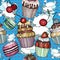 Seamless pattern with Cakes and cupcakes baked chocolate dessert, bakery colorful pop art