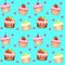 Seamless pattern with cakes and hearts - `I love sweet.` Seamless vector background with icing fruit muffins on a blue background.