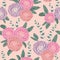 Seamless pattern with camellias and spiral eucalyptus. Decorative holiday floral background