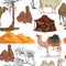 Seamless pattern with camels in different poses, sand dune of desert, nomad tent, dried and palm tree.