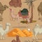 Seamless pattern with camels in different poses, sand dune of desert and palm tree.