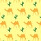 Seamless pattern with camels, dunes and cacti. Cute illustration of an animal in the desert
