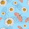 Seamless pattern of camomiles and butterflies