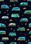 Seamless pattern with camper vans and camping trailers in blue background for repetition. Generative AI. Pattern mirrored repeat