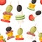 Seamless pattern. Canapes with different toppings. Restaurant food with wooden stick. Snack, appetizer for restaurant . Flat