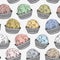 Seamless pattern Candy chocolate truffles in foil and paper cup. Drawing by hand sketch doodles. Gray yellow pink blue green brown