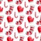 Seamless pattern with cane, socks and santa mittens. Merry Christmas and Happy New Year design. For print, wrapping paper.