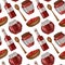 Seamless pattern with canned tomato sauce in glass jars and wooden dishes. Background for textiles, fabrics, banners, wrapping