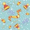 Seamless pattern. Cap scarf mittens. Winter children`s clothing . Snowflakes. Snow background. Hello winter. Lettering.