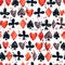 Seamless pattern with card suits. Playing cards spade, heart, club, diamond.