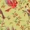 Seamless pattern of cardinals birds and branches of wild rose with fruits