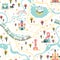 Seamless Pattern cards of the fairytale kingdom with a ship at sea, rivers, train and railroad, castles, towers, dragon cave,