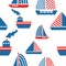 Seamless pattern with cargo ships, sail boats and yachts. Classic blue, red and white background. Simple flat illustration. Cartoo