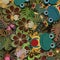 Seamless pattern of Caribbean green, ecru, hunter green color frog, chestnut, moss green color flowers, coyote.