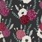 Seamless pattern with carnation and anemone flowers, eucalyptus, dusty miller and silver brunia.