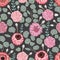 Seamless pattern with carnation, eucalyptus, silver brunia, protea flowers and leaves. Decorative holiday floral background.