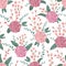Seamless pattern with carnation flowers, spiral eucalyptus and alstroemeria. Decorative holiday floral background.
