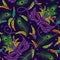 Seamless pattern with carnival purple mask, string of beads, feathers