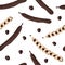 Seamless pattern with carob. Carob pods, seeds. Superfood background. Wallpaper, print, packaging, paper, textile design. flat