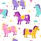 Seamless pattern carousel horses. Colorful cute kids animals, funny fairy tales ponies with decorated saddles. Decor