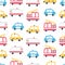 Seamless pattern with cars. Fire truck, ambulance, taxi and police car. Cartoon background for children