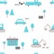 Seamless pattern: cars, truck, excavator, trees, house, sign on a white background. Flat vector.