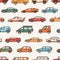 Seamless pattern with cars of various body configuration styles - cabriolet, sedan, pickup, hatchback. Backdrop with