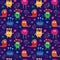 Seamless pattern with cartoon aliens and patterns