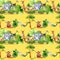 Seamless pattern of cartoon animals watercolor isolated on yellow.