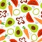 Seamless pattern with cartoon avocado, tomato, carrot, pepper, decor elements. colorful vector. hand drawing, flat style.