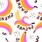 Seamless pattern with cartoon bananas, lettering, decor elements. vector flat style. hand drawing.