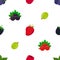 Seamless pattern of cartoon berries. Raspberry, blackberry, gooseberry, red currant