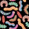 Seamless pattern with cartoon bright caterpillars, slugs and hairy centipedes on black background. Insects background