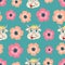 Seamless pattern cartoon bull muzzle on a background of a flower meadow.