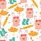 seamless pattern cartoon bunny, umbrella and rainy season vibes element