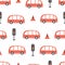 seamless pattern with cartoon buses, decor elements. Colorful vector flat style for kids. hand drawing.