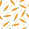 Seamless pattern with cartoon carrots and text. Healthy food or Easter theme background. Vegetable or vegan food wallpaper.