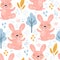 Seamless pattern with Cartoon characters Rabbit with flower on a white background