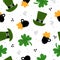 Seamless pattern with cartoon clover, irish hat, beer, decor elements. festive colorful vector for St. Patrick`s Day. Hand drawing